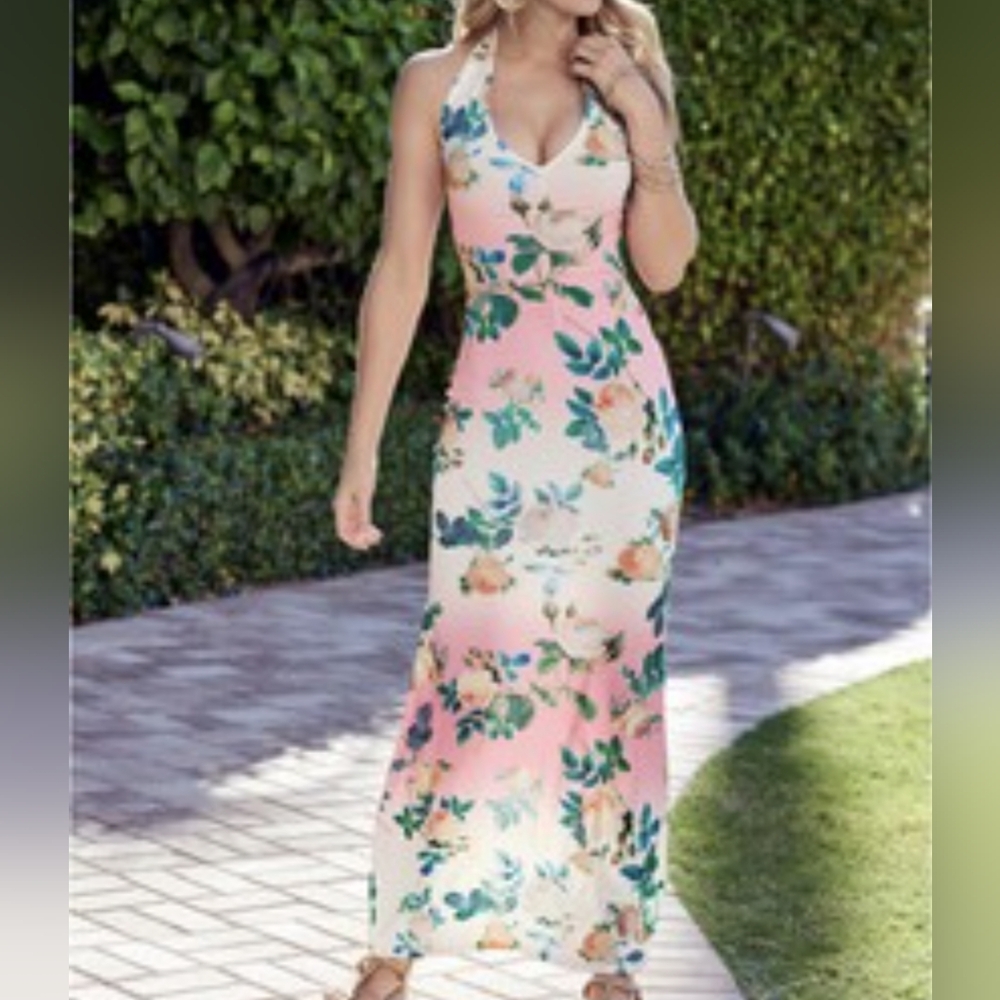 Venus cream/off white and pink floral halter maxi dress